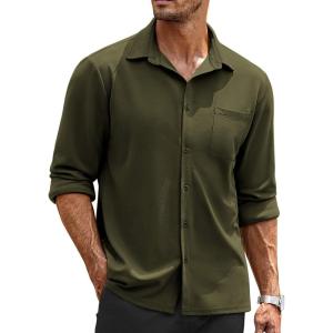 imageCOOFANDY Mens Long Sleeve Button Down Shirts Wrinkle Free Untucked Shirts Casual Dress Shirt for MenOlive Green