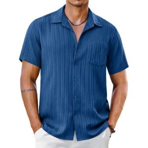 imageCOOFANDY Mens Short Sleeve Casual Button Down Shirts Textured Summer Beach Shirt with PocketDenim Blue