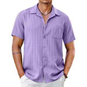 imageCOOFANDY Mens Short Sleeve Casual Button Down Shirts Textured Summer Beach Shirt with PocketLight Purple