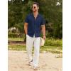 imageCOOFANDY Mens Cotton Linen Shirt Casual Button Down Short Sleeve Shirts Summer Cuban Vacation Beach Shirts with PocketDeep Blue