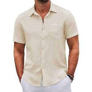 imageCOOFANDY Mens Button Down Short Sleeve Shirts Casual Textured Shirt with Pocket Summer Beach Wedding ShirtsBeige