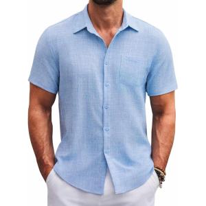 imageCOOFANDY Mens Button Down Short Sleeve Shirts Casual Textured Shirt with Pocket Summer Beach Wedding ShirtsClean Blue