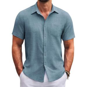 imageCOOFANDY Mens Button Down Short Sleeve Shirts Casual Textured Shirt with Pocket Summer Beach Wedding ShirtsDark Blue