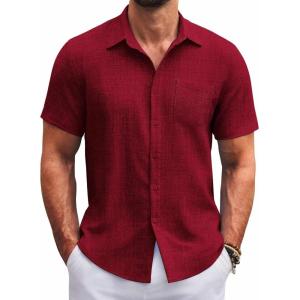 imageCOOFANDY Mens Button Down Short Sleeve Shirts Casual Textured Shirt with Pocket Summer Beach Wedding ShirtsDeep Red