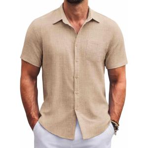 imageCOOFANDY Mens Button Down Short Sleeve Shirts Casual Textured Shirt with Pocket Summer Beach Wedding ShirtsKhaki