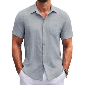imageCOOFANDY Mens Button Down Short Sleeve Shirts Casual Textured Shirt with Pocket Summer Beach Wedding ShirtsLight Grey