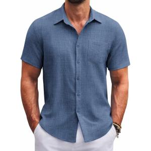 imageCOOFANDY Mens Button Down Short Sleeve Shirts Casual Textured Shirt with Pocket Summer Beach Wedding ShirtsNavy