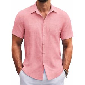 imageCOOFANDY Mens Button Down Short Sleeve Shirts Casual Textured Shirt with Pocket Summer Beach Wedding ShirtsPink