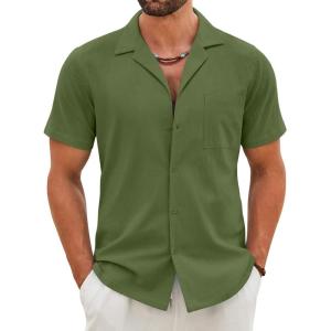 imageCOOFANDY Mens Cotton Linen Shirt Casual Button Down Short Sleeve Shirts Summer Cuban Vacation Beach Shirts with PocketArmy Green