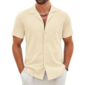 imageCOOFANDY Mens Cotton Linen Shirt Casual Button Down Short Sleeve Shirts Summer Cuban Vacation Beach Shirts with PocketCloud Cream