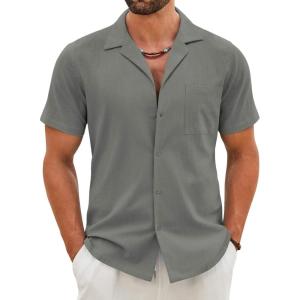 imageCOOFANDY Mens Cotton Linen Shirt Casual Button Down Short Sleeve Shirts Summer Cuban Vacation Beach Shirts with PocketDark Grey