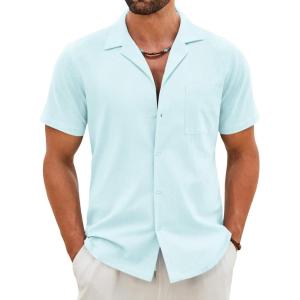 imageCOOFANDY Mens Cotton Linen Shirt Casual Button Down Short Sleeve Shirts Summer Cuban Vacation Beach Shirts with PocketIsland Blue