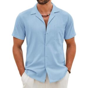 imageCOOFANDY Mens Cotton Linen Shirt Casual Button Down Short Sleeve Shirts Summer Cuban Vacation Beach Shirts with PocketLight Blue