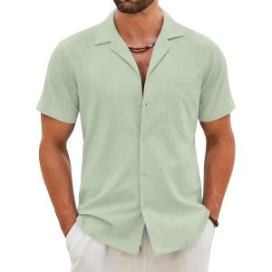 imageCOOFANDY Mens Cotton Linen Shirt Casual Button Down Short Sleeve Shirts Summer Cuban Vacation Beach Shirts with PocketLight Green