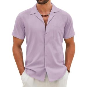 imageCOOFANDY Mens Cotton Linen Shirt Casual Button Down Short Sleeve Shirts Summer Cuban Vacation Beach Shirts with PocketLight Purple
