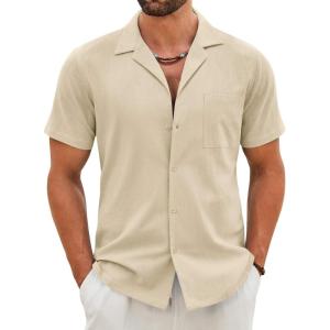 imageCOOFANDY Mens Cotton Linen Shirt Casual Button Down Short Sleeve Shirts Summer Cuban Vacation Beach Shirts with PocketMoon Gray