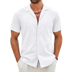 imageCOOFANDY Mens Cotton Linen Shirt Casual Button Down Short Sleeve Shirts Summer Cuban Vacation Beach Shirts with PocketWhite