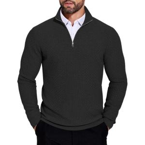 imageCOOFANDY Mens Quarter Zip Sweaters Slim Fit Lightweight Knitted Mock Neck Pullover Casual Polo SweatersAll Black