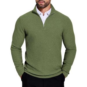 imageCOOFANDY Mens Quarter Zip Sweaters Slim Fit Lightweight Knitted Mock Neck Pullover Casual Polo SweatersArmy Green