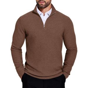 imageCOOFANDY Mens Quarter Zip Sweaters Slim Fit Lightweight Knitted Mock Neck Pullover Casual Polo SweatersBrown