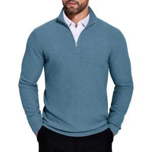 imageCOOFANDY Mens Quarter Zip Sweaters Slim Fit Lightweight Knitted Mock Neck Pullover Casual Polo SweatersDenim Blue
