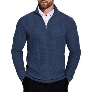 imageCOOFANDY Mens Quarter Zip Sweaters Slim Fit Lightweight Knitted Mock Neck Pullover Casual Polo SweatersNavy Blue