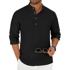 imageCOOFANDY Mens Casual Henley Shirt Long Sleeve Band Collar Shirts Summer Beach Hippie Button TShirtsBlack