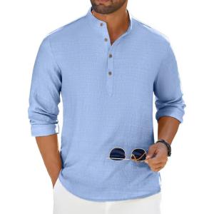 imageCOOFANDY Mens Casual Henley Shirt Long Sleeve Band Collar Shirts Summer Beach Hippie Button TShirtsBlue