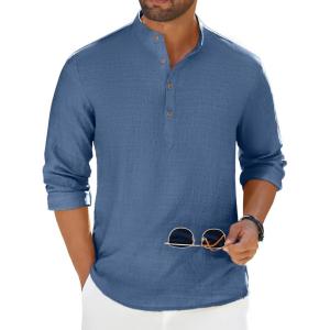 imageCOOFANDY Mens Casual Henley Shirt Long Sleeve Band Collar Shirts Summer Beach Hippie Button TShirtsDark Blue