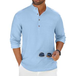 imageCOOFANDY Mens Casual Henley Shirt Long Sleeve Band Collar Shirts Summer Beach Hippie Button TShirtsLight Blue