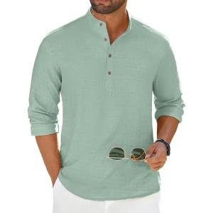 imageCOOFANDY Mens Casual Henley Shirt Long Sleeve Band Collar Shirts Summer Beach Hippie Button TShirtsLight Green