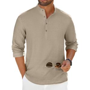 imageCOOFANDY Mens Casual Henley Shirt Long Sleeve Band Collar Shirts Summer Beach Hippie Button TShirtsLight Khaki