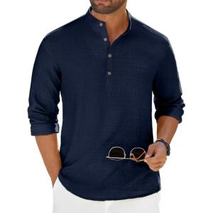 imageCOOFANDY Mens Casual Henley Shirt Long Sleeve Band Collar Shirts Summer Beach Hippie Button TShirtsNavy Blue