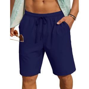 imageCOOFANDY Mens 7 inch Casual Shorts Drawstring Waist Lightweight Quick Dry Summer Beach Board Shorts with PocketsNavy Blue