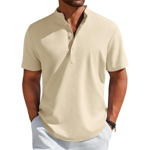 imageCOOFANDY Mens Henley Shirt Short Sleeve Casual TShirt Summer Beach Hippie Henley Tee ShirtBeige