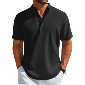 imageCOOFANDY Mens Henley Shirt Short Sleeve Casual TShirt Summer Beach Hippie Henley Tee ShirtBlack