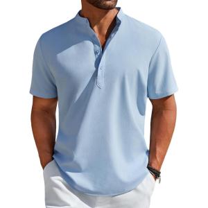 imageCOOFANDY Mens Henley Shirt Short Sleeve Casual TShirt Summer Beach Hippie Henley Tee ShirtBlue