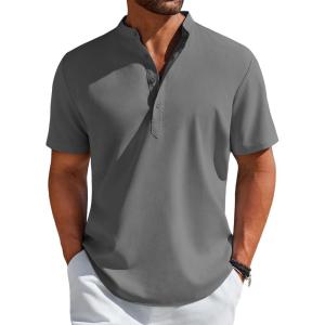 imageCOOFANDY Mens Henley Shirt Short Sleeve Casual TShirt Summer Beach Hippie Henley Tee ShirtDark Grey