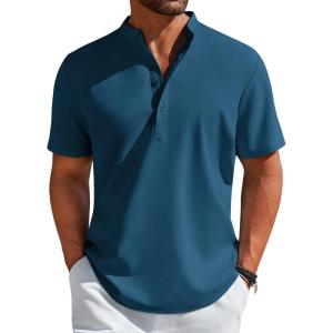 imageCOOFANDY Mens Henley Shirt Short Sleeve Casual TShirt Summer Beach Hippie Henley Tee ShirtDeep Blue