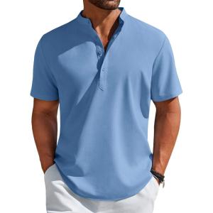 imageCOOFANDY Mens Henley Shirt Short Sleeve Casual TShirt Summer Beach Hippie Henley Tee ShirtDenim Blue