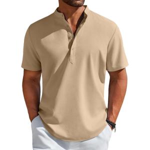 imageCOOFANDY Mens Henley Shirt Short Sleeve Casual TShirt Summer Beach Hippie Henley Tee ShirtKhaki