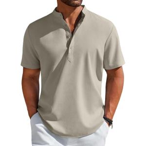 imageCOOFANDY Mens Henley Shirt Short Sleeve Casual TShirt Summer Beach Hippie Henley Tee ShirtLight Grey