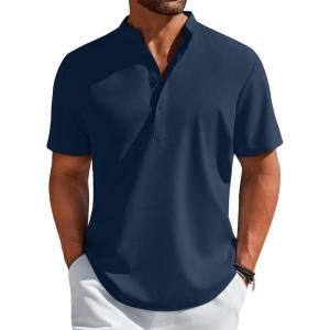 imageCOOFANDY Mens Henley Shirt Short Sleeve Casual TShirt Summer Beach Hippie Henley Tee ShirtNavy Blue