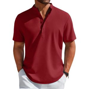 imageCOOFANDY Mens Henley Shirt Short Sleeve Casual TShirt Summer Beach Hippie Henley Tee ShirtWine Red