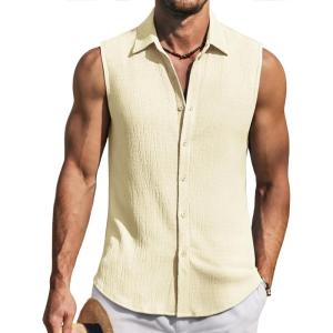imageCOOFANDY Mens Summer Sleeveless Shirts Beach Knit Tank Top Button Up Casual Tank Shirt Vacation TopsCream