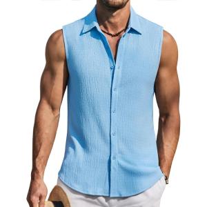 imageCOOFANDY Mens Summer Sleeveless Shirts Beach Knit Tank Top Button Up Casual Tank Shirt Vacation TopsLight Blue