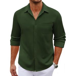 imageCOOFANDY Mens Long Sleeve Wrinkle Free Shirt Casual Button Down Shirts Stretch Dress Shirt with PocketArmy Green