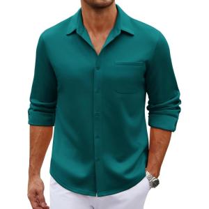 imageCOOFANDY Mens Long Sleeve Wrinkle Free Shirt Casual Button Down Shirts Stretch Dress Shirt with PocketLake Green