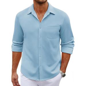 imageCOOFANDY Mens Long Sleeve Wrinkle Free Shirt Casual Button Down Shirts Stretch Dress Shirt with PocketLight Blue