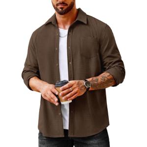 imageCOOFANDY Mens Waffle Button Down Shirts Casual Long Sleeve Shacket Jacket with PocketsBrown